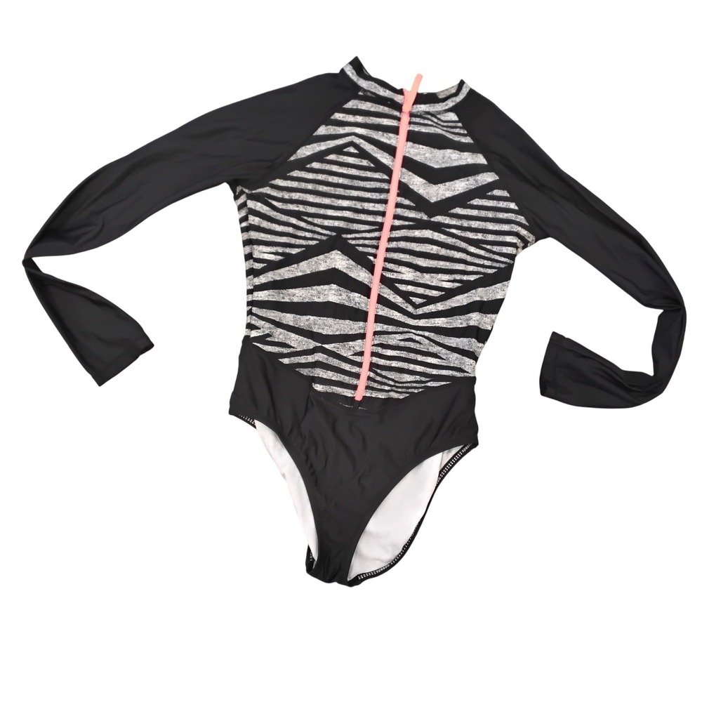 Speedo Long Sleeve One Piece Swimsuit Black‎ Geometric Zip Front Rash Guard-M